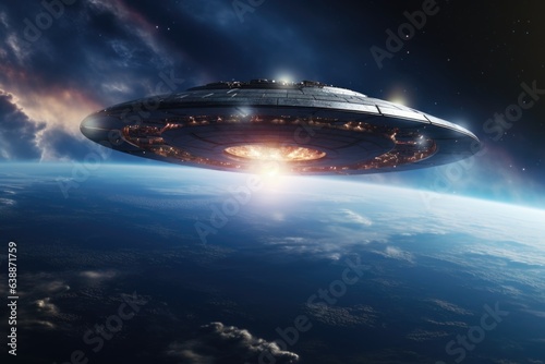 UFO, flying saucer over the planet Earth in high resolution. Photo from space.