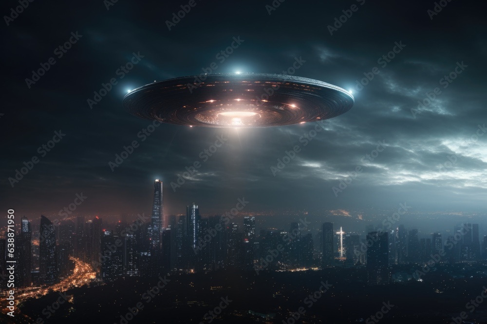 Ufo Over The Night City With Aliens Visiting The Planet Earth Stock