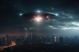 UFO over the night city with aliens visiting the planet Earth