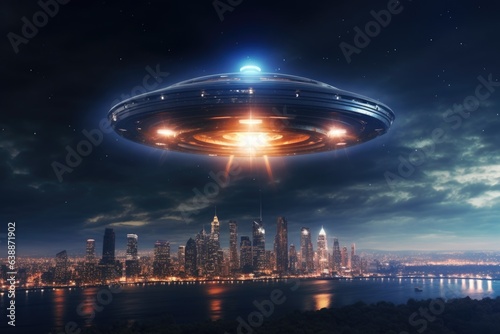 UFO over the night city with aliens visiting the planet Earth
