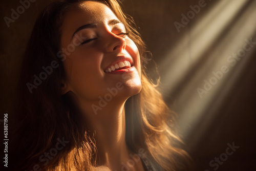 Portrait of a beautiful young woman in a dark room with lights