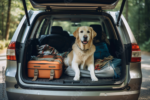 Golden retriever dog sitting in car trunk ready for a vacation tripGenerative AI