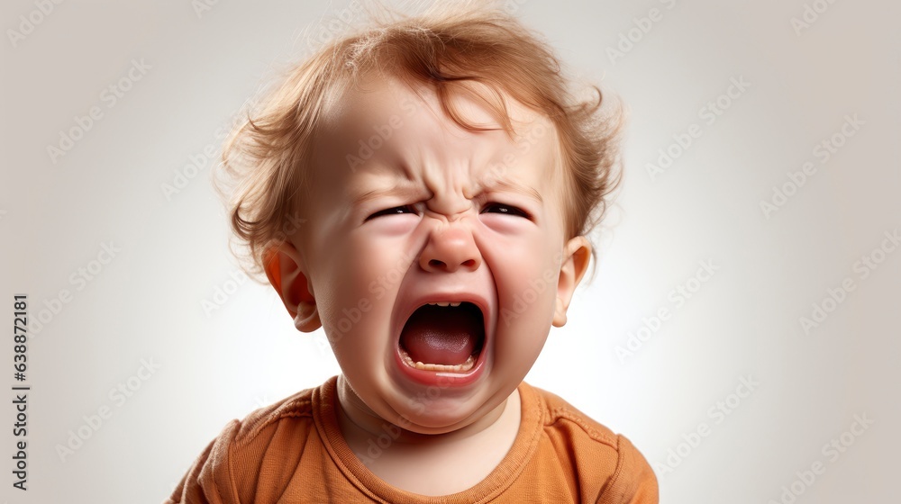 a close up photo of a cute little baby boy child crying and screaming isolated on white background. a close up photo of a cute little baby boy child crying and screaming isolated on white background.