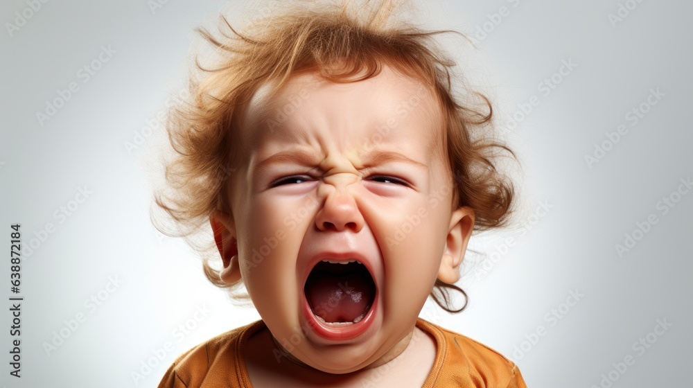 a close up photo of a cute little baby boy child crying and screaming isolated on white background. a close up photo of a cute little baby boy child crying and screaming isolated on white background.