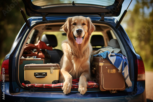 Golden retriever dog sitting in car trunk ready for a vacation trip

Generative AI