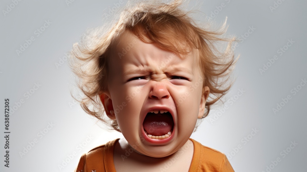 a close up photo of a cute little baby boy child crying and screaming isolated on white background. a close up photo of a cute little baby boy child crying and screaming isolated on white background.