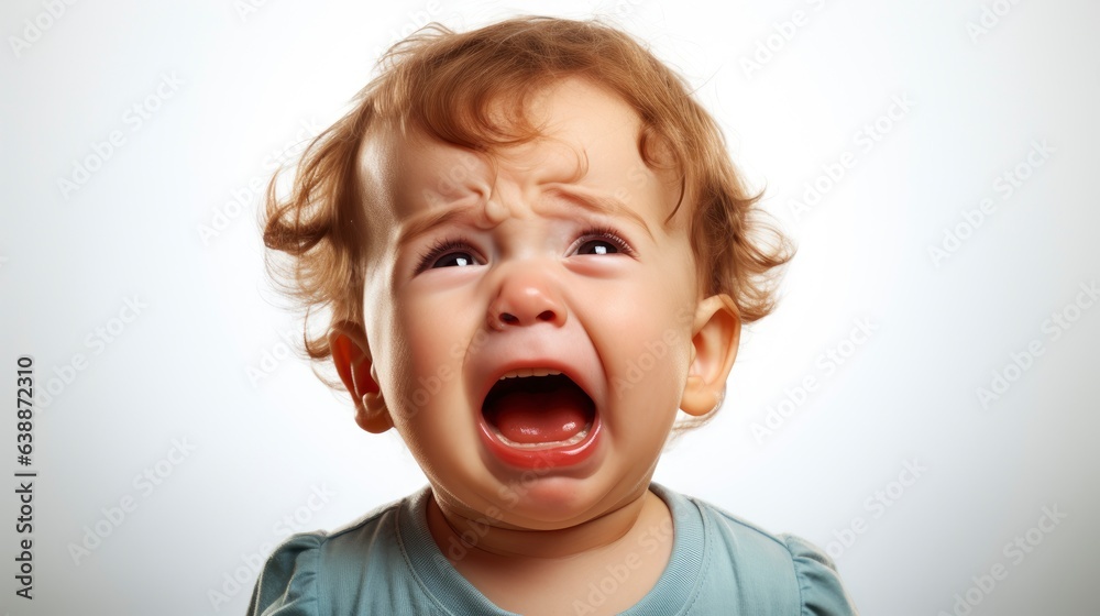 a close up photo of a cute little baby boy child crying and screaming isolated on white background. a close up photo of a cute little baby boy child crying and screaming isolated on white background.