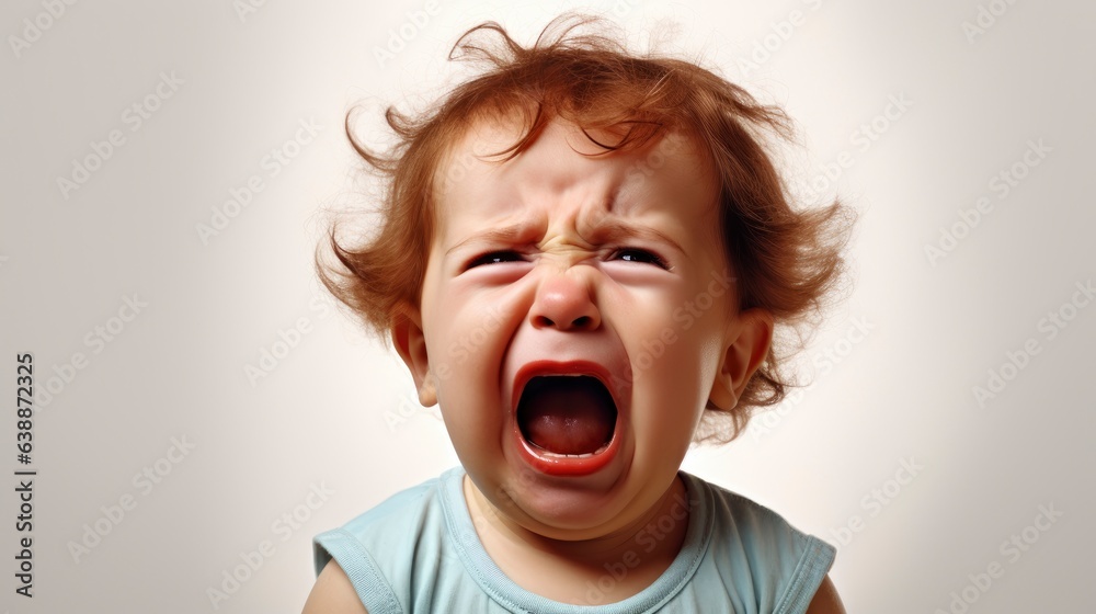 a close up photo of a cute little baby boy child crying and screaming isolated on white background. a close up photo of a cute little baby boy child crying and screaming isolated on white background.