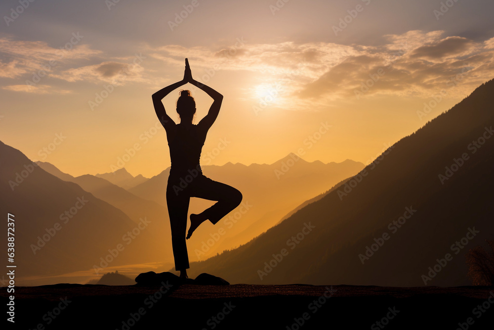 Silhouette of a woman practicing yoga on a mountain peak