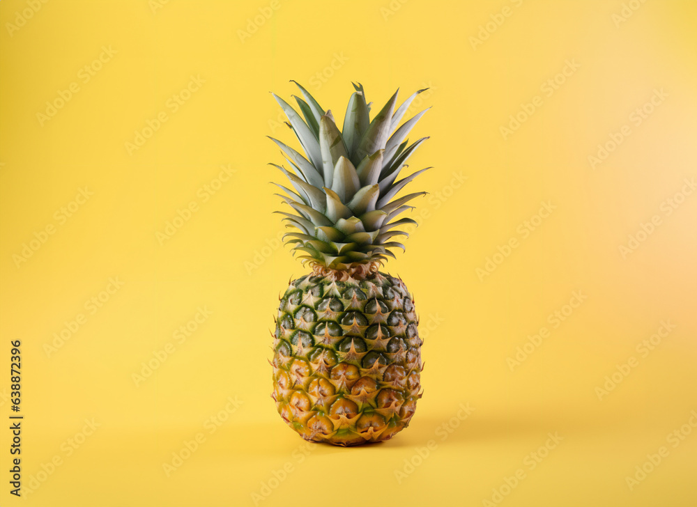 Pineapple fruit on a solid color background. Isolated object in photo studio. Commercial shot with copyspace.