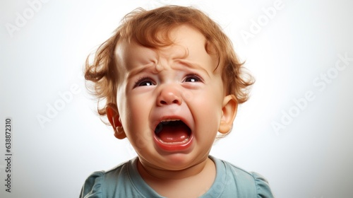 a close up photo of a cute little baby boy child crying and screaming isolated on white background.