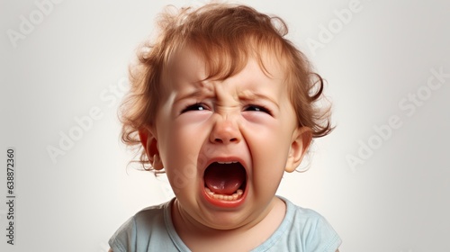 a close up photo of a cute little baby boy child crying and screaming isolated on white background.