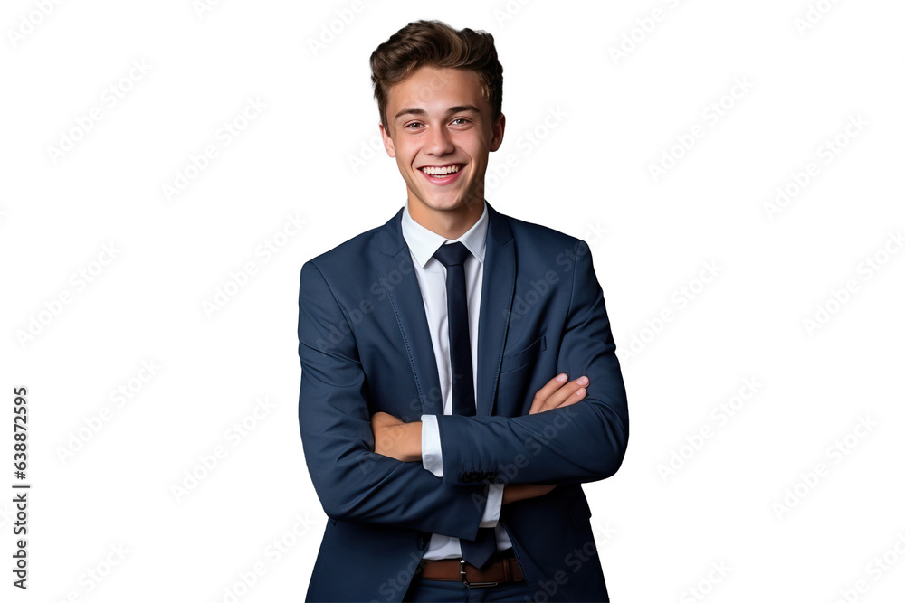 Confident Young Guy in Stylish Suit and Elegant Tie - A Professional Standing Portrait Wearing Formal Work Attire, Symbolizing Job Success and Workplace Excellence - Isolated Transparent Background