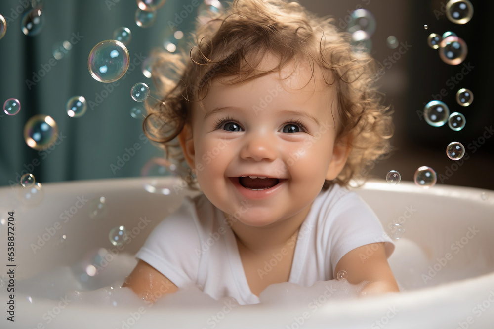 Happy baby bathes in a bathtub with soap bubbles Happy baby bathes in a bathtub with soap bubbles