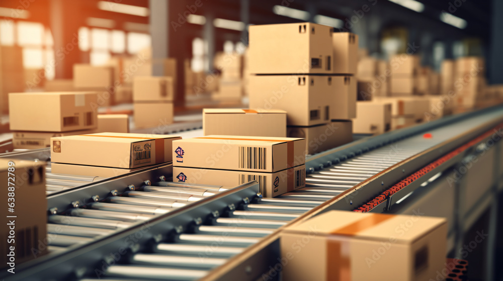 Closeup of multiple cardboard box packages smoothly gliding along a conveyor belt in a modern warehouse fulfillment center, capturing the essence of e-commerce, delivery & automation. Generative AI Closeup of multiple cardboard box packages smoothly gliding along a conveyor belt in a modern warehouse fulfillment center, capturing the essence of e-commerce, delivery & automation. Generative AI
