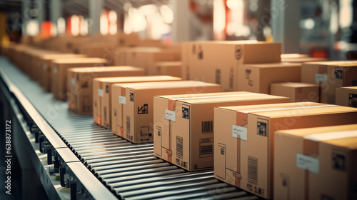 Closeup of multiple cardboard box packages smoothly gliding along a conveyor belt in a modern warehouse fulfillment center, capturing the essence of e-commerce, delivery & automation. Generative AI
