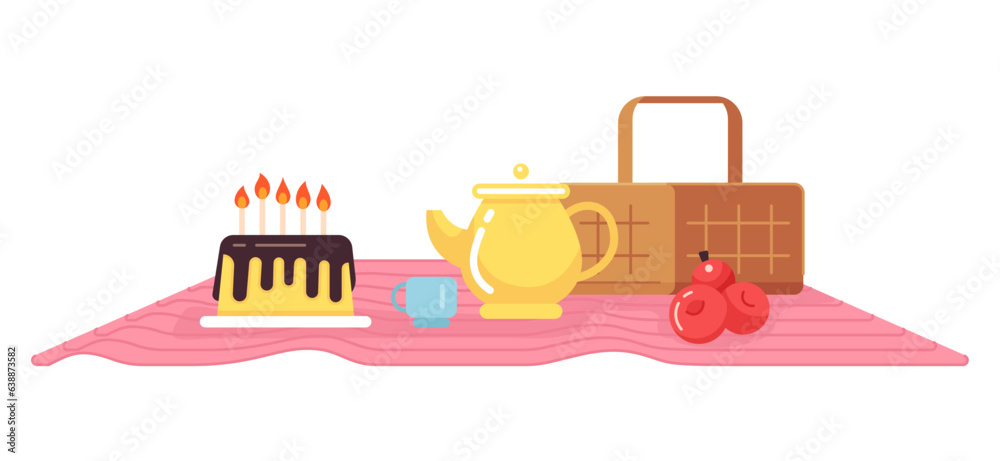 Obraz premium Picnic set flat concept vector spot illustration. Birthday cake. Blanket and basket 2D cartoon objects on white for web UI design. Isolated editable creative image
