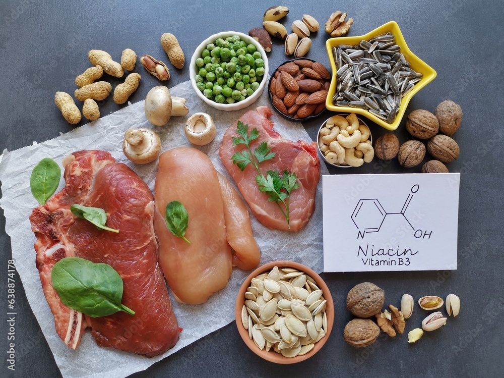 Healthy food rich in vitamin B3 (niacin) with structural chemical formula of niacin. Natural