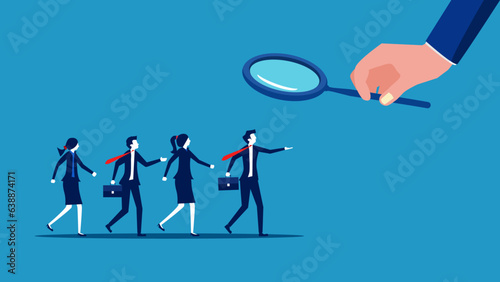 Find the best job candidates. Businessman using a magnifying glass to select job applicants. vector