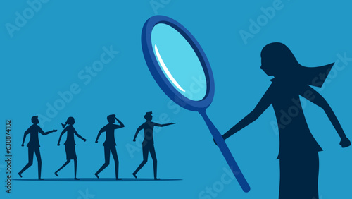 Selection of talents for job positions. Businesswoman using a magnifying glass to select job applicants. vector © Nastudio