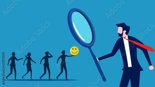 Recruit positive people. Businessman using a magnifying glass to select kind hearted job candidates. vector © Nastudio