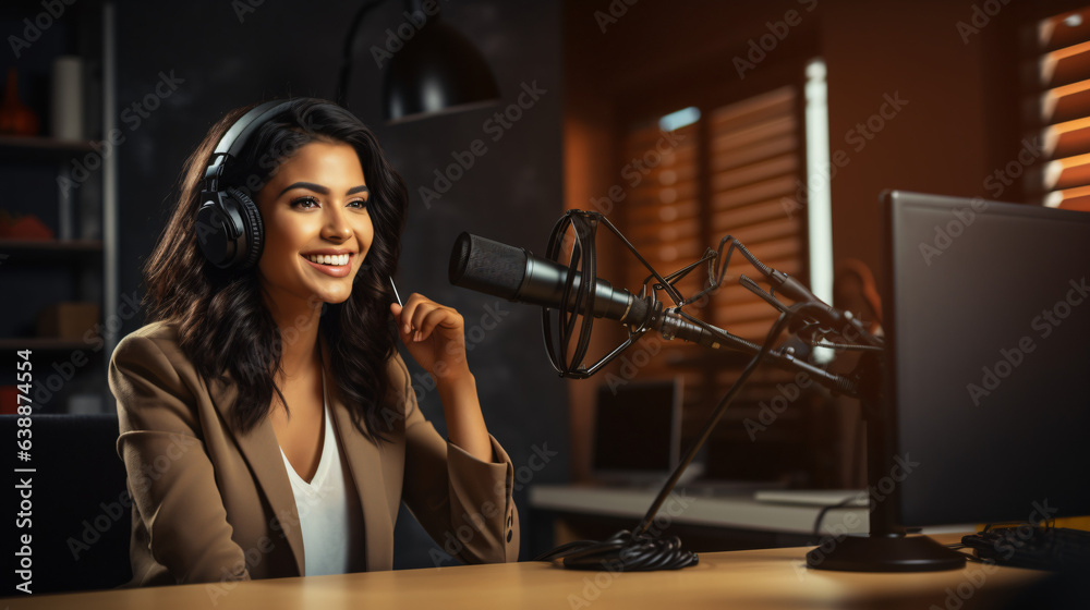 Business woman interviewed for a podcast. Podcaster making audio podcast from studio.
Generative AI Business woman interviewed for a podcast. Podcaster making audio podcast from studio.
Generative AI
