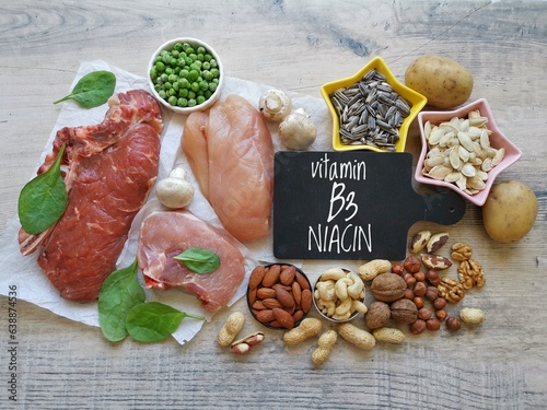 Healthy food rich in vitamin B3 (niacin). Natural food sources of vitamin B3: seeds,nuts, meat, legumes, mushroom, potatoes, peanuts. Healthy diet eating.