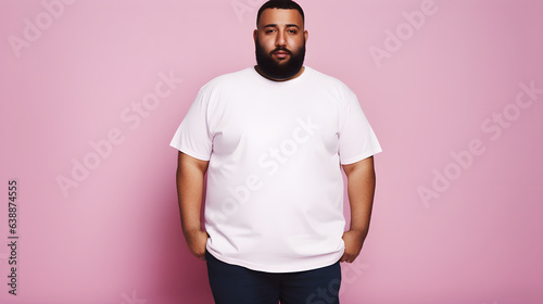 Portrait of happy bearded man wearing white T-shirt over pink background looking at camera with charming cute smile. Plus size male model.
