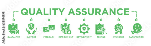 Quality assurance web icon vector illustration concept with icon of guarantee, support, feedback, improvement, development, testing, standard, satisfaction	