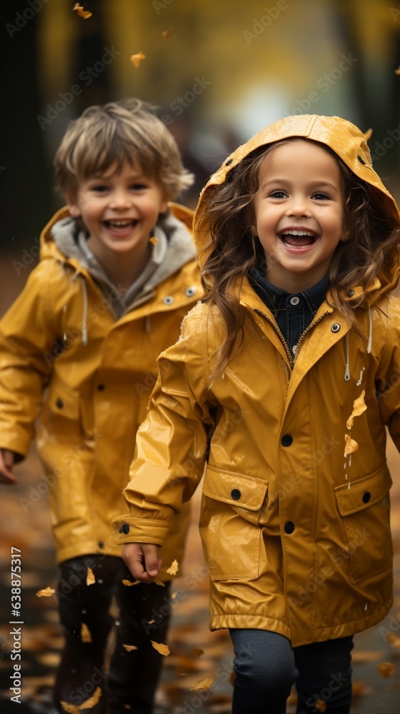 Cute little boy and girl in yellow raincoats playing in autumn park Cute little boy and girl in yellow raincoats playing in autumn park