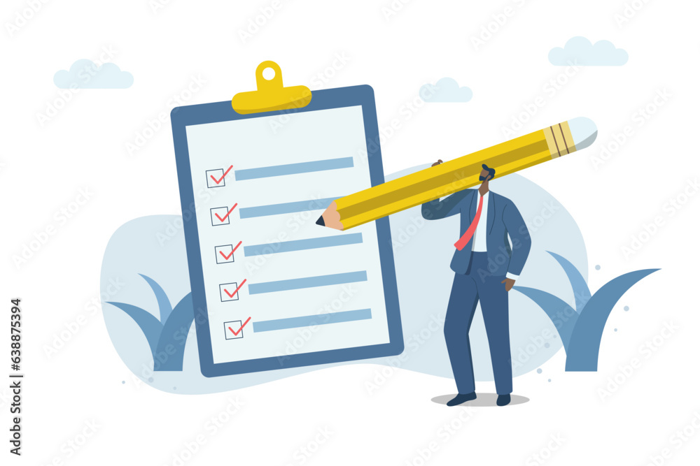Quality control or document compliance. Confirm the business plan checklist with a checkmark. Inspection, Survey, Businessman holding big pencil to write documents. Vector design illustration. Quality control or document compliance. Confirm the business plan checklist with a checkmark. Inspection, Survey, Businessman holding big pencil to write documents. Vector design illustration.