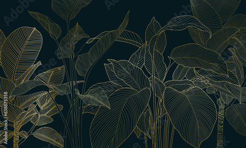 Backdrop cover template. Wavy curved line background. Ink line style tropical leaves wallpaper.