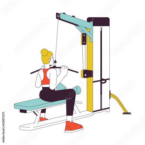 Woman pulling bar down on lat pulldown machine flat line color vector character. Editable outline full body person on white. Build stronger back simple cartoon spot illustration for web graphic design