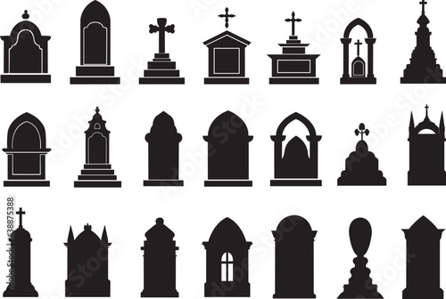 Set of tombstone silhouettes. Tombstone icons set. Flat black vector design.