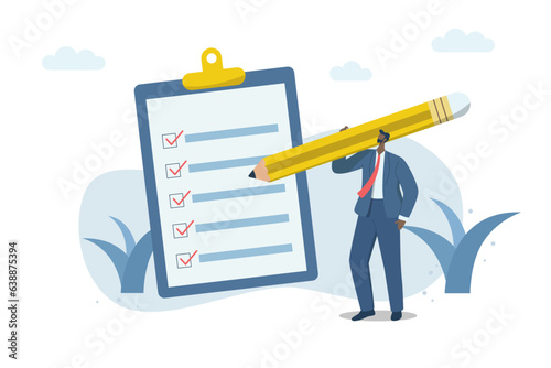 Quality control or document compliance. Confirm the business plan checklist with a checkmark. Inspection, Survey, Businessman holding big pencil to write documents. Vector design illustration.