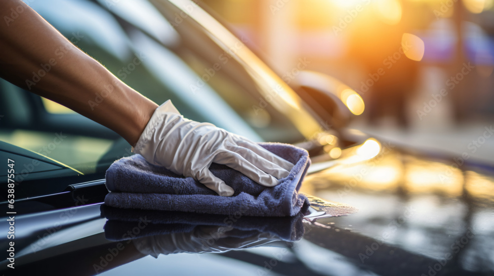 A man cleaning / wiping down a car using a microfiber cloth in a close-up view, illustrating the concept of car detailing or valeting. Modern car wash background.

Generative AI - obrazy, fototapety, plakaty 