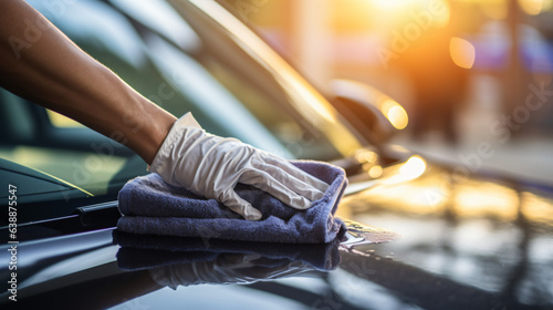 A man cleaning / wiping down a car using a microfiber cloth in a close-up view, illustrating the concept of car detailing or valeting. Modern car wash background.Generative AI