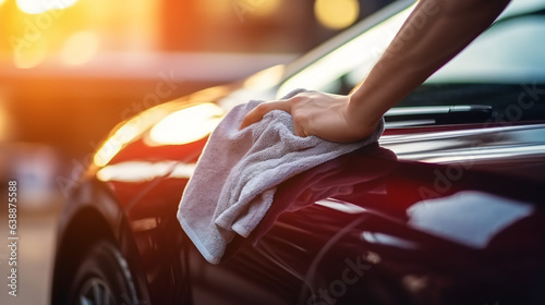 A man cleaning / wiping down a car using a microfiber cloth in a close-up view, illustrating the concept of car detailing or valeting. Modern car wash background.  Generative AI © Nico Vincentini