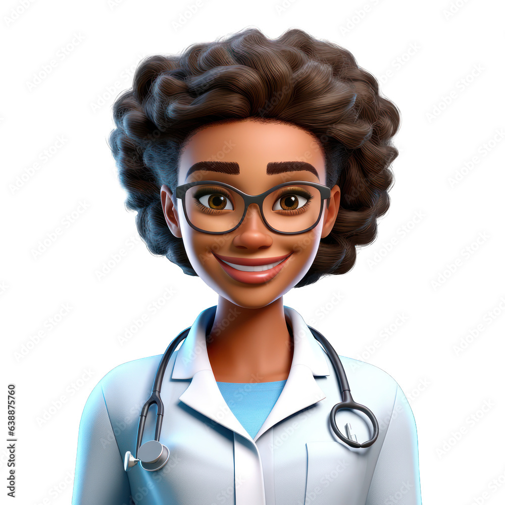 black female doctor 3d character on isolated transparent background