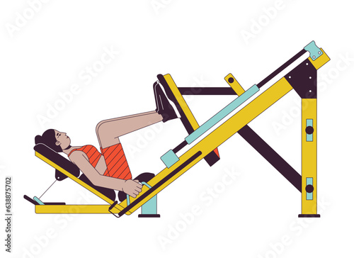 Woman bending knees on leg press machine flat line color vector character. Editable outline full body person on white. Quadriceps exercise simple cartoon spot illustration for web graphic design