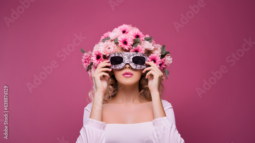 Surreal portrait of the  woman  with pastel pink daysies on his head and strange sleep mask against pink background, minimal abstract dreamy concept photo