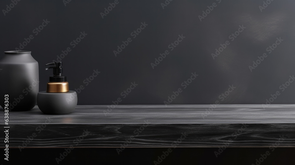 Empty black Wooden tabletop, black product background, Beauty cosmetic natural product spring, mockup of empty shelf, kitchen, montage product display or design key visual layout - obrazy, fototapety, plakaty 