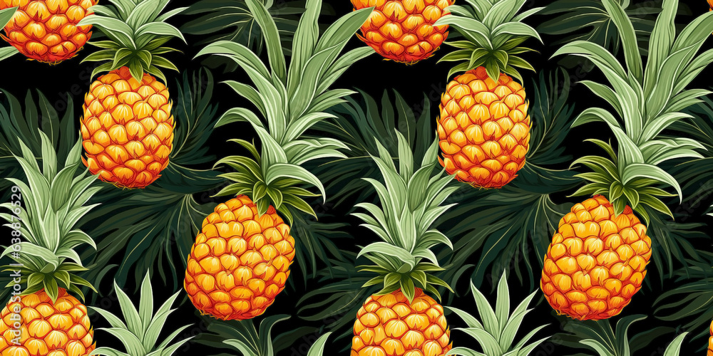 Pineapple foliage drawings seamless pattern with spiky fruits on moss green backdrop. Concept: Tropical wallpapers on muted canvas. Pineapple foliage drawings seamless pattern with spiky fruits on moss green backdrop. Concept: Tropical wallpapers on muted canvas.