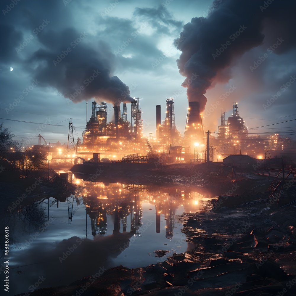 Fototapeta premium Factory at night, exhaust fumes, smog. Power plant at night in dark colors, street lights, dirt.