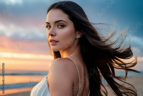 Model girl with a beautiful figure, brunette with long hair in a white dress on the beach at sunrise © BoTanya