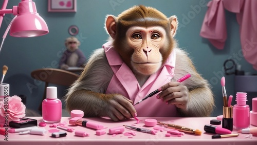 Pink cute monkey using nailpaint on her nails and with makeup kits photo