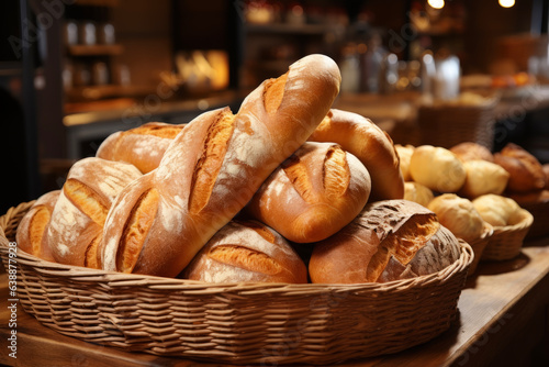 Various kinds of delicious breads are lined up on the bakery counter and shelves. A diet concept suitable for meals and cooking.