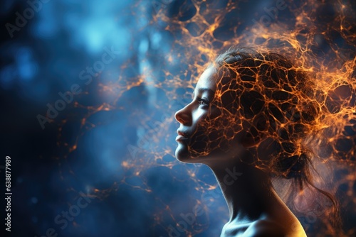 Woman face. Human and artificial intelligence interaction concept. Mental world. Psychology and Technology. Surreal world and virtual reality.