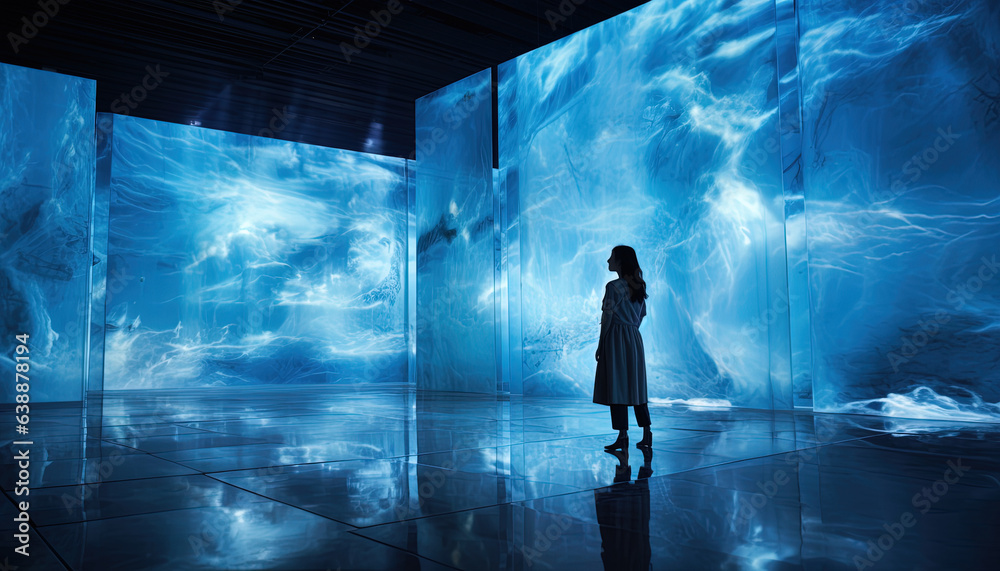 Floating media screens project realistic images, forming a mirage-like scene Floating media screens project realistic images, forming a mirage-like scene