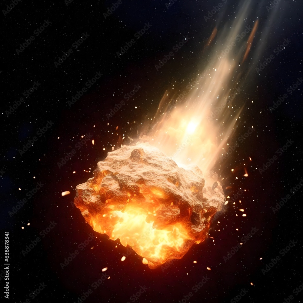 Asteroid blowing up in a fiery explosion, deep space, illustration Asteroid blowing up in a fiery explosion, deep space, illustration